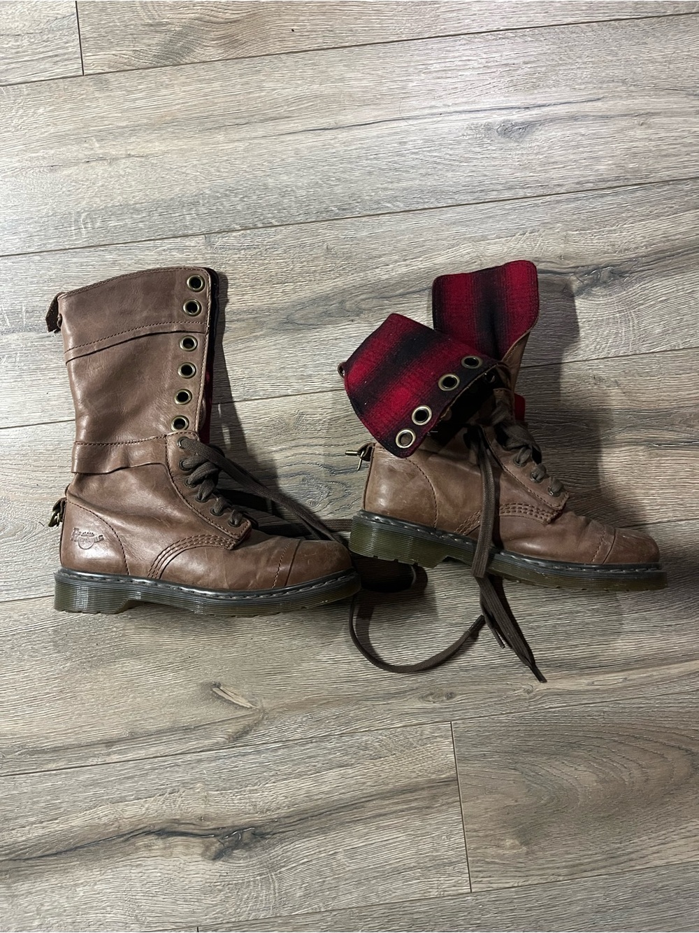 Dr. Martens Brown Leather Combat Boots with Red Plaid Cuff